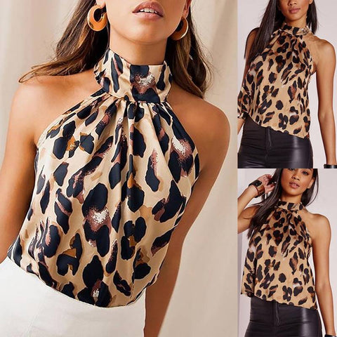 Leopard hanging neck sexy umbilical backless Slim female T-shirt