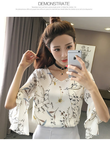 Summer Small Fresh Floral Short-Sleeved Chiffon Shirt 2020 New Korean Chiffon Super Fairy Trumpet Sleeve T-Shirt Top Women