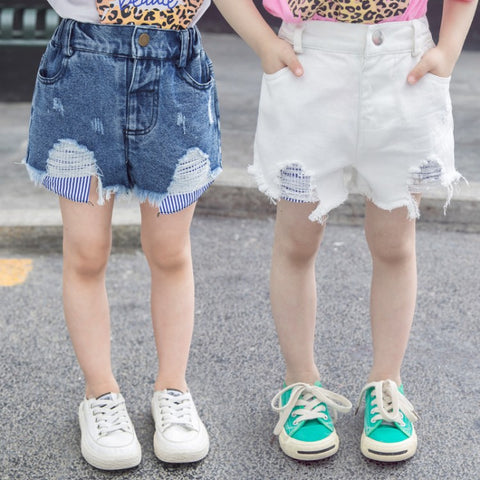 Girls pocket striped raw denim shorts