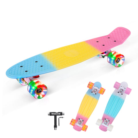 SGODDE 22 Mini Skateboards Cruiser Retro Skateboard Long-board for Kids Ages 6-12 with LED Wheels
