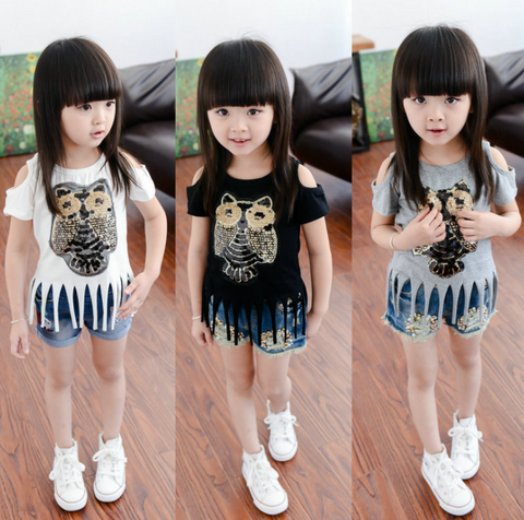 2021 Brand New Toddler Infant Child Kid Casual Sequins Owl Printed Top Baby Girl Tassel T-shirt Off Shoulder Cotton Clothes 1-6T