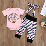 Girls Short Sleeve Sister Robes  Printed Striped Trousers  Headband Suit