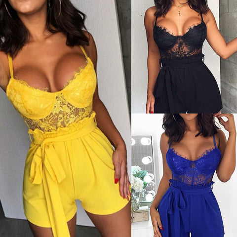 T105 foreign trade explosion models ladies summer lace jumpsuit strap V-neck sleeveless lace sexy one-piece shorts
