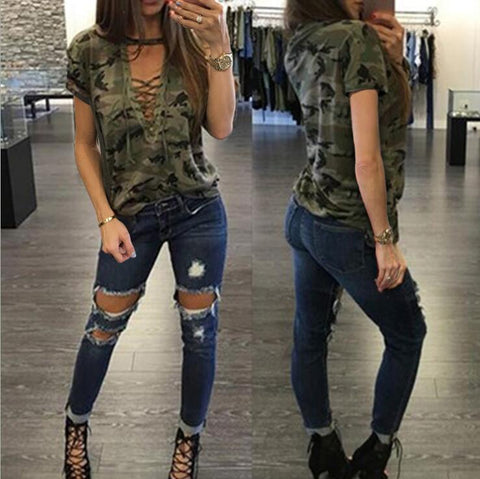 Women Camouflage V-neck Short sleeve T-shirt