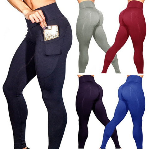 Mobile phone pocket leggings female solid color high elastic yoga hip high waist yoga pants