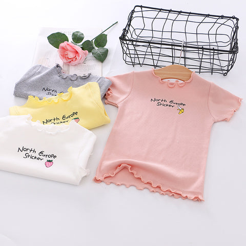 Girls short-sleeved T-shirt bottoming shirt 2021 summer new fruit pattern shirt cotton fungus children's clothing Korean version