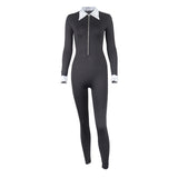 Solid Color Lapel Zip Tight Stretch Long Sleeve Yoga Dress Jumpsuit