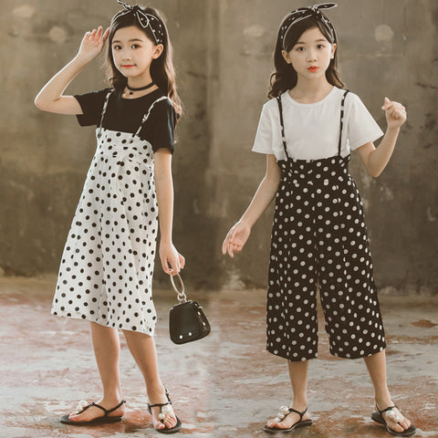 Children's Wear Girls Fashion Trend Set Summer New T-Shirt Short Sleeve Sling Polka Dot Kit