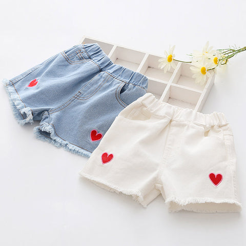 Girls summer embroidered love denim shorts