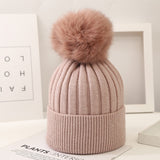 Boys And Girls Woolen Fox Fur Ball Knit Hat