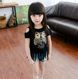 2021 Brand New Toddler Infant Child Kid Casual Sequins Owl Printed Top Baby Girl Tassel T-shirt Off Shoulder Cotton Clothes 1-6T