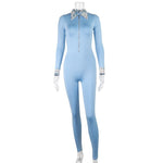 Solid Color Lapel Zip Tight Stretch Long Sleeve Yoga Dress Jumpsuit