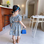 Girls Summer Back Cut Out Waist Buttoned Short-sleeved Floral Dress Princess Dress
