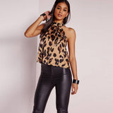 Leopard hanging neck sexy umbilical backless Slim female T-shirt