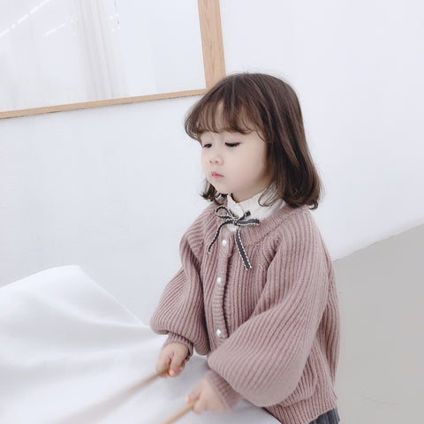 Girls Lantern Sleeve Pearl Button Jacket